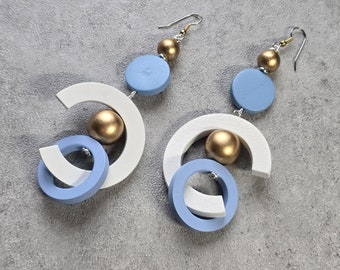 White blue gold Oversize earrings, extra long earrings, bold earrings, statement wood hoop earrings, gypsy earrings