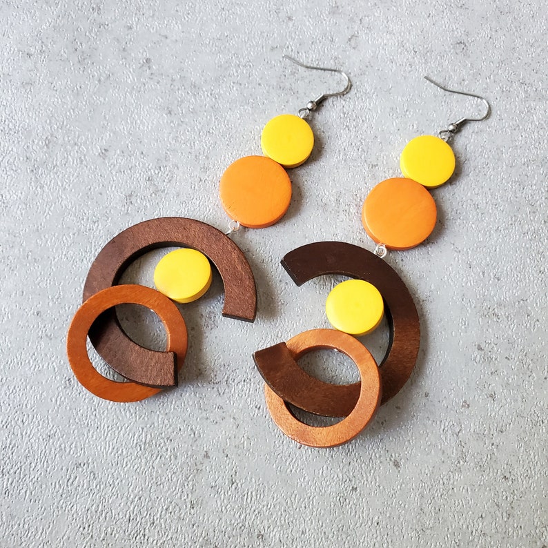 Burnt Sienna oversize earrings, extra long bold earrings, statement wood hoop earrings, gypsy earring, orange yellow earrings Orange brown