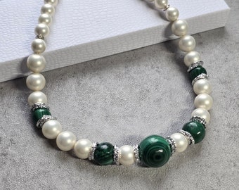 Malachite necklace, white pearl contemporary choker, gemstone necklace