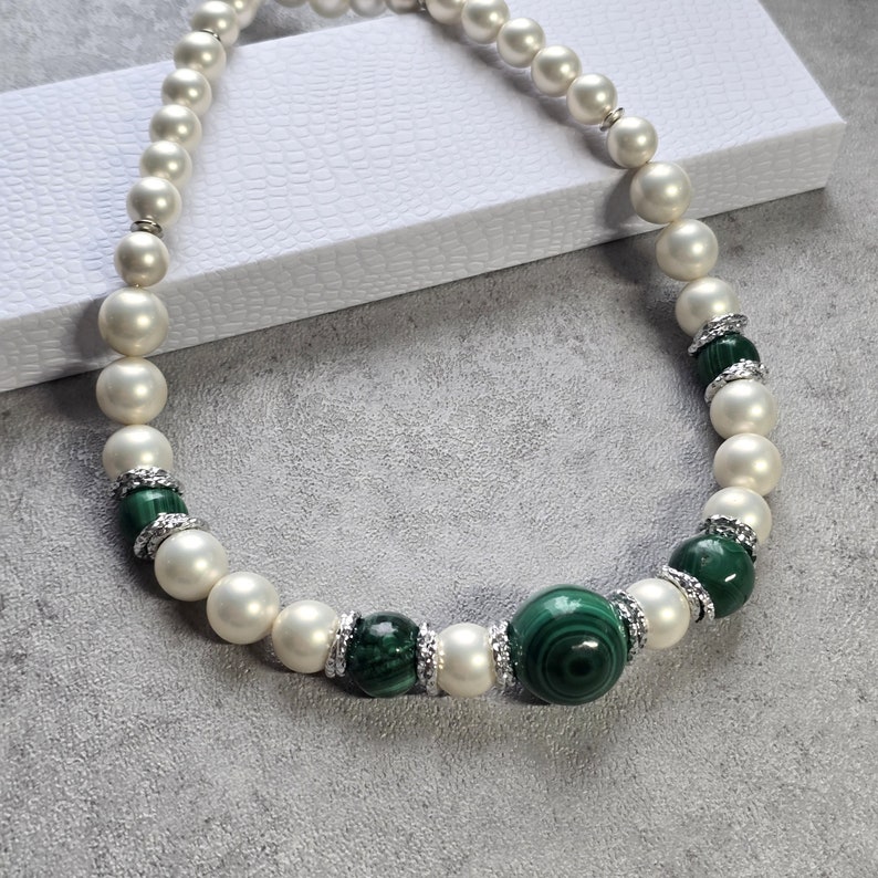 Malachite necklace, white pearl contemporary choker, gemstone necklace image 1