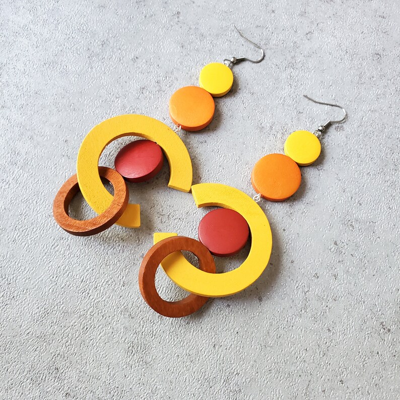 Burnt Sienna oversize earrings, extra long bold earrings, statement wood hoop earrings, gypsy earring, orange yellow earrings image 2