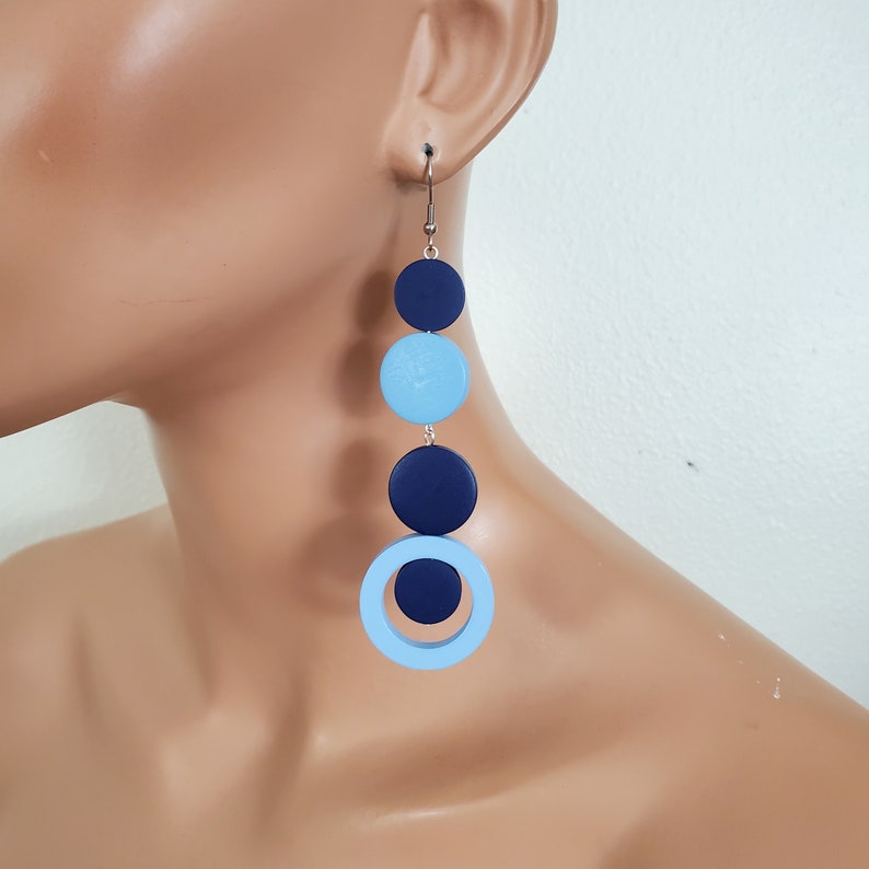 Blue extra long earrings, statement earrings, bold earrings, oversize earrings, geometric earrings, gipsy earrings image 1
