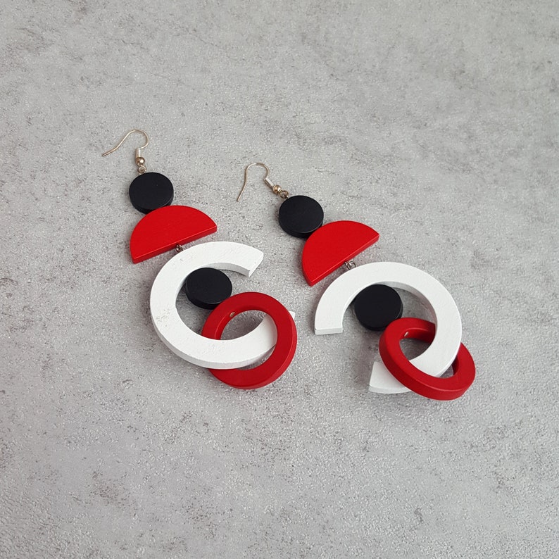 Red black white extra long earrings, Bold earrings, statement wood hoop earrings, oversize earrings, geometric earrings, gypsy earring 4 oversized