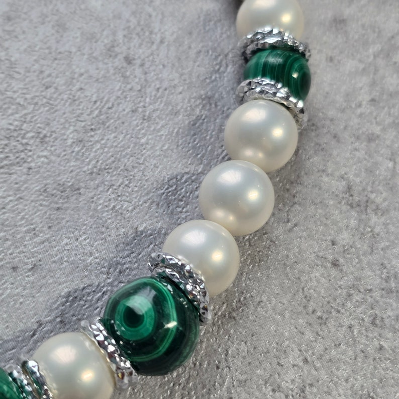 Malachite necklace, white pearl contemporary choker, gemstone necklace image 5