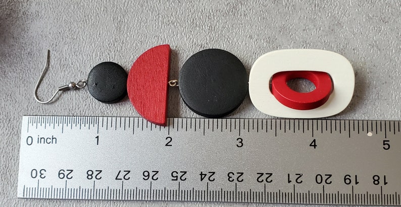 Red black white extra long earrings, Bold earrings, statement wood hoop earrings, oversize earrings, geometric earrings, gypsy earring image 10