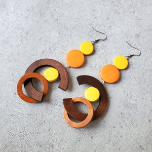 Burnt Sienna oversize earrings, extra long bold earrings, statement wood hoop earrings, gypsy earring, orange yellow earrings image 8