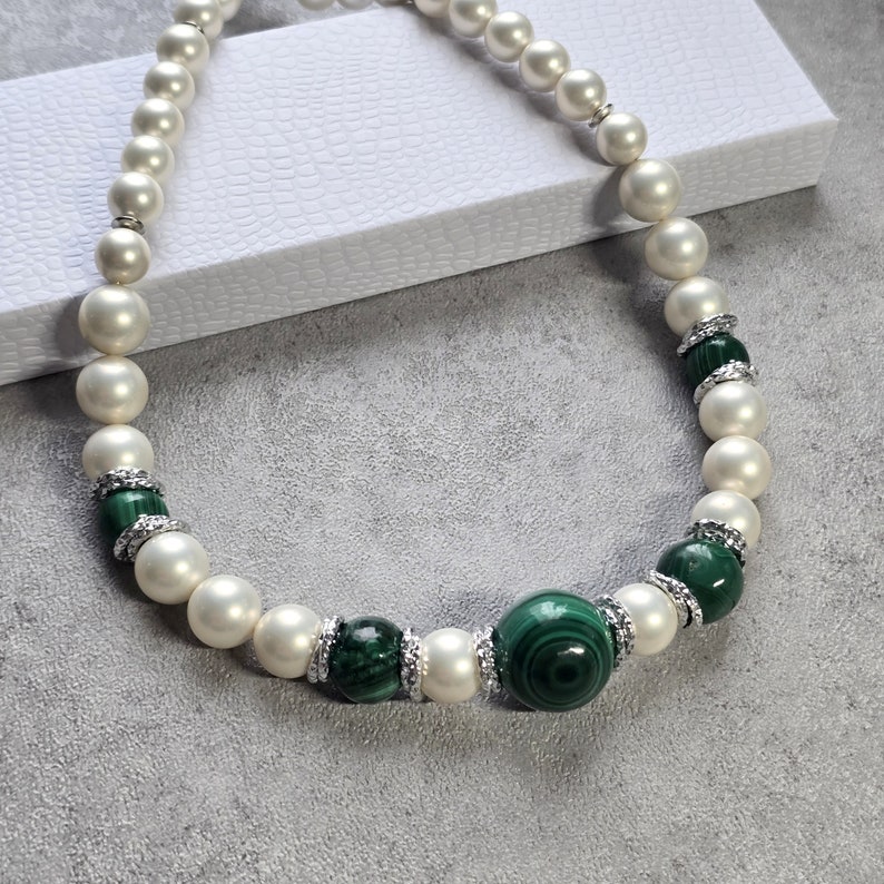 Malachite necklace, white pearl contemporary choker, gemstone necklace image 7