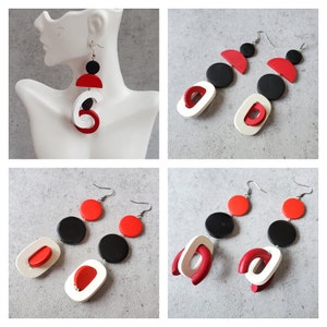 Red black white extra long earrings, Bold earrings, statement wood hoop earrings, oversize earrings, geometric earrings, gypsy earring image 3