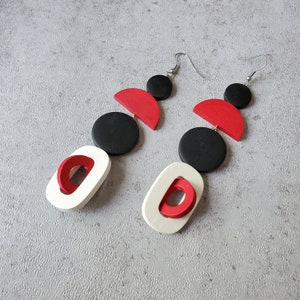 Red black white extra long earrings, Bold earrings, statement wood hoop earrings, oversize earrings, geometric earrings, gypsy earring 3 red donut