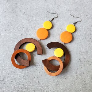 Burnt Sienna oversize earrings, extra long bold earrings, statement wood hoop earrings, gypsy earring, orange yellow earrings image 7