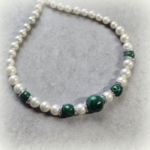 Malachite necklace, white pearl contemporary choker, gemstone necklace image 2