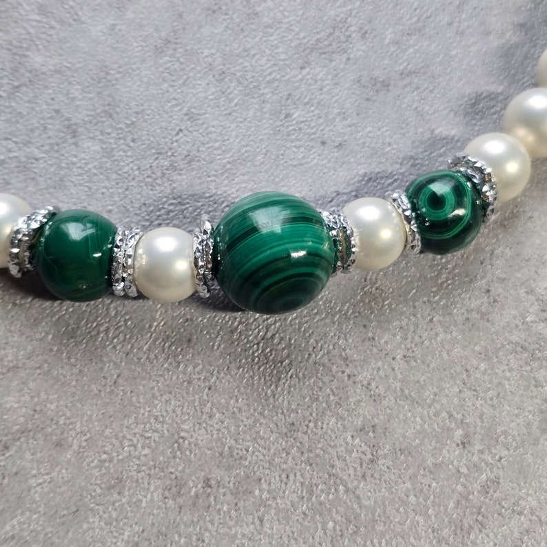 Malachite necklace, white pearl contemporary choker, gemstone necklace image 9