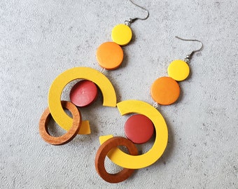 Yellow  Orange Burnt Sienna oversize earrings, extra long bold earrings, statement wood hoop earrings, gypsy earring