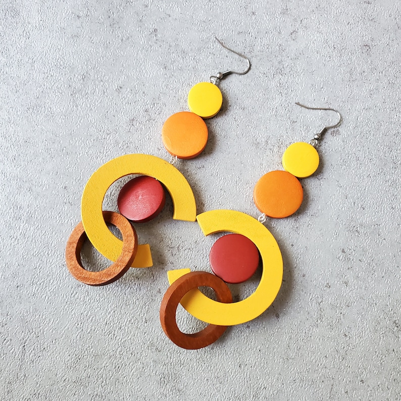 Burnt Sienna oversize earrings, extra long bold earrings, statement wood hoop earrings, gypsy earring, orange yellow earrings image 1