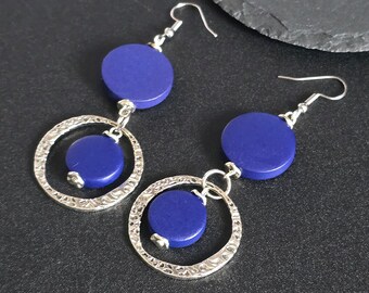 Blue Geometric Wooden Earrings, Handmade Oversized Wood Funky Statement Jewelry