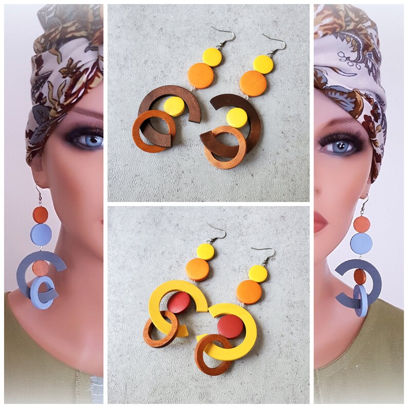 Burnt Sienna oversize earrings, extra long bold earrings, statement wood hoop earrings, gypsy earring, orange yellow earrings image 5