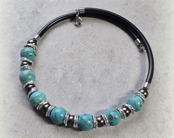 Turquoise magnesite necklace, black pearl contemporary choker, gemstone necklace