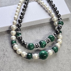 Malachite necklace, white pearl contemporary choker, gemstone necklace image 10