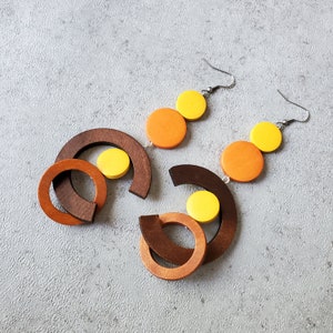 Burnt Sienna oversize earrings, extra long bold earrings, statement wood hoop earrings, gypsy earring, orange yellow earrings image 9