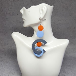 Big statement earrings, extra long earrings, bold earrings, oversize earrings, geometric earrings, gipsy earrings Grey-blue-orange