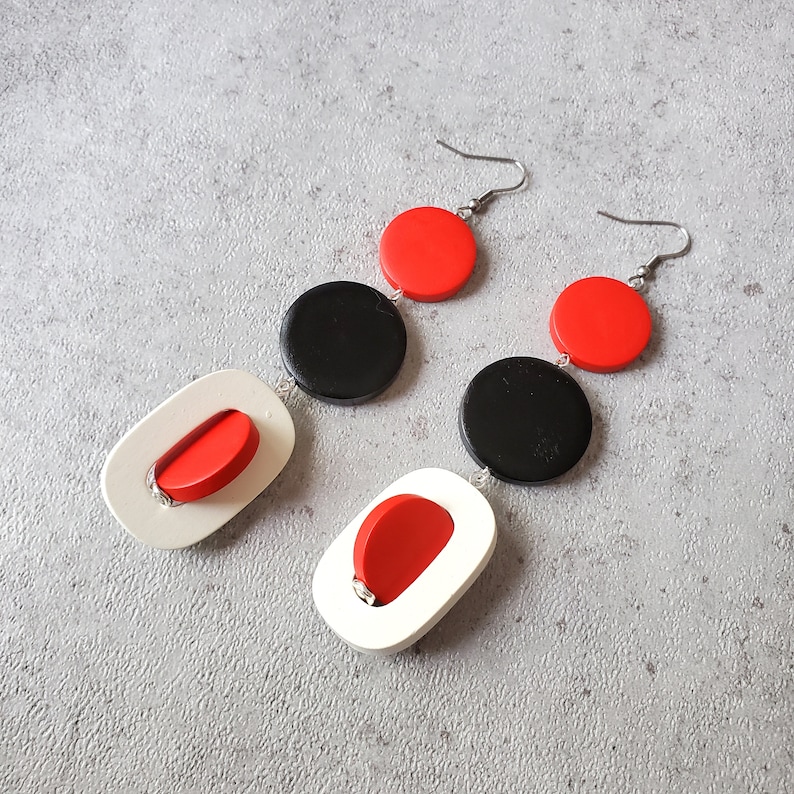 Red black white extra long earrings, Bold earrings, statement wood hoop earrings, oversize earrings, geometric earrings, gypsy earring 1 red round