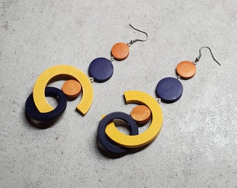 Oversize earrings, extra long earrings, bold earrings, statement wood hoop earrings, gipsy earring, yellow blue orange