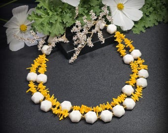 White Sponge Coral and Yellow Bamboo Coral Necklace, Natural Gemstone Jewelry, Bright Statement Necklace