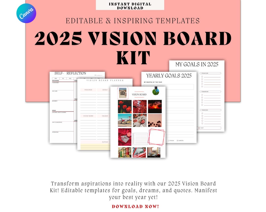 2025 Digital Vision Board Kit, Printable Templates Canva, Scrapbook Kit ...