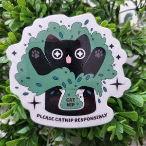 May include: A sticker depicting a black cat with white eyes and paws, surrounded by a green leafy bush. The cat holds a bag marked "CAT NIP". The text "PLEASE CATNIP RESPONSIBLY" is printed below the cat.