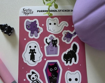 May include: A rectangular sticker sheet with a dark pink background featuring various cat-themed illustrations, including ghosts, a skeleton cat, a cat in a coffin, and a tombstone with the text RIP. The header reads Smudge the Magic Cat PURRANORMAL STICKER SHEET.