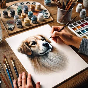 May include: A person is painting a realistic portrait of a golden retriever dog with a paintbrush on a white canvas. The dog has brown fur and a white chest. The person is using a variety of paint colors on a wooden table.