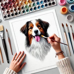 May include: A watercolour painting of a brown, black and white dog with its tongue sticking out. The dog is being painted by a person with a paintbrush.