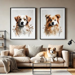 May include: Two framed watercolour paintings of dogs with a brown and white dog in the left frame and a brown dog in the right frame. The paintings have a light brown background with brown and white flowers.