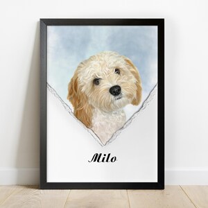 May include: A framed illustration of a dog peeking through a torn piece of paper. The dog is a light brown and white cockapoo with the name "Milo" written below.