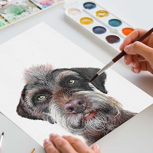 以下が含まれることがあります： 犬の頭部の水彩画。犬は茶色と白の毛で、直接鑑賞者を見つめている。絵は白い紙に筆と水彩絵の具で描かれている。