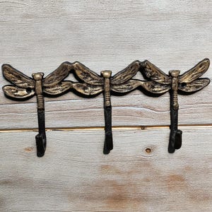 Cast Iron 12" Black w/ Gold Accents Hand Painted Triple Dragonfly Coat Purse Leash Rack 3 Hooks Hanger