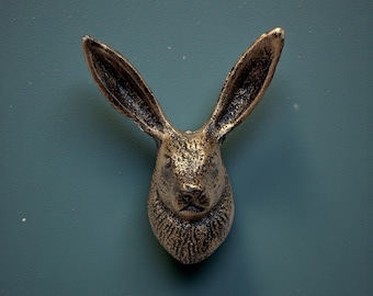 Small Hand Painted Cast Iron Black & Gold Color 3.5" Rabbit Bunny Wall Hanging Decor
