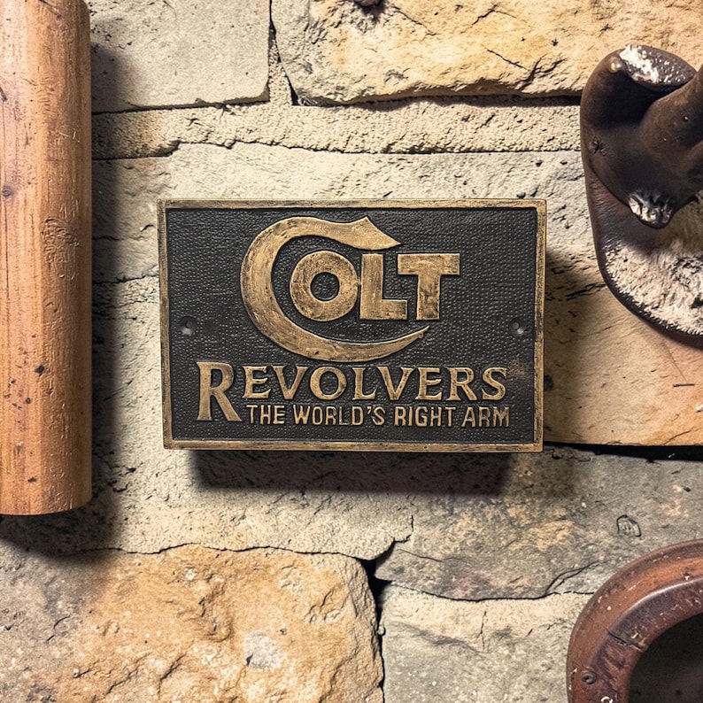 Colt Hand Sign Heavy Cast Iron Colt Revolvers Sign Plaque – Hand Painted Black Gold (6 ...