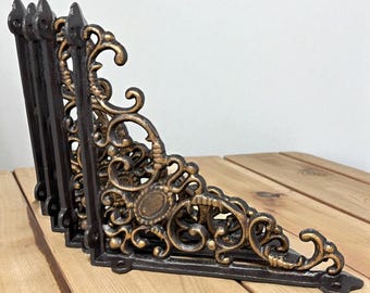 4 Hand Painted Cast Iron 8" x 8" Shelf Brackets Black w/Gold Accents