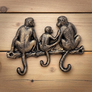 Cast Iron Monkey Family Key Hanger - Black with Gold Accents