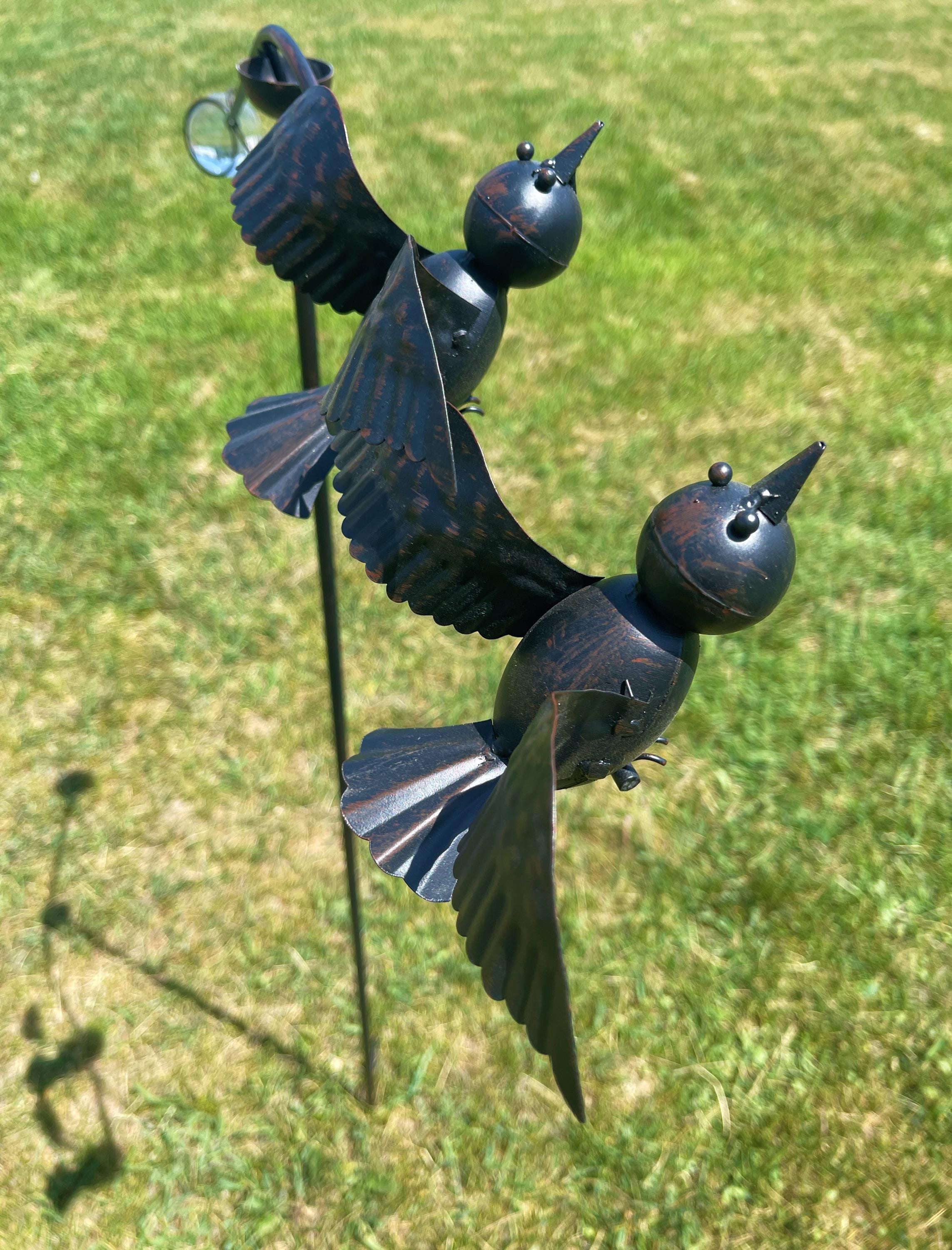 Kinetic Metal Love Birds Crows Yard Stake Wind Spinner Rocker