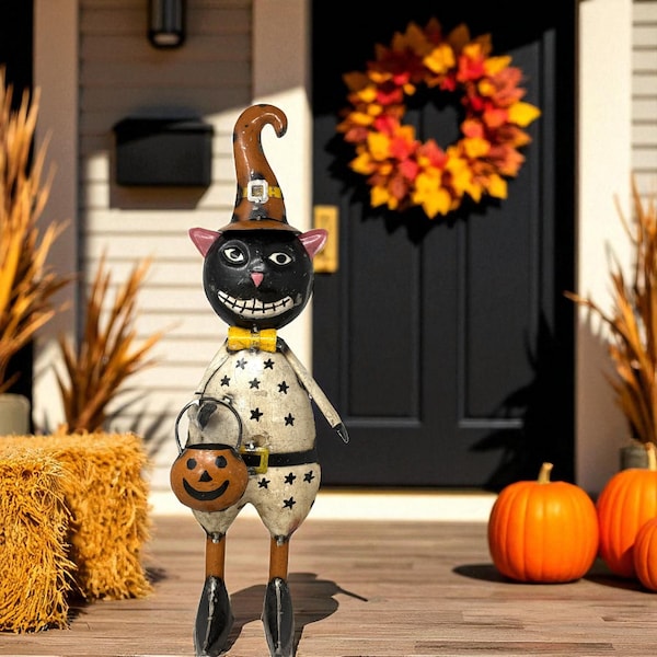 Rustic Repurposed Recycled Vintage Scrap Metal 19" Tall Halloween Witch Black Cat Decor