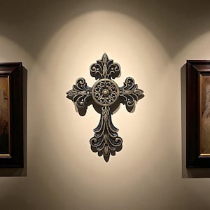 Cast Iron 10.5&quot; Black w/ Gold Accents Hand Painted Gothic Ornate Trivet or Wall Hanging Cross
