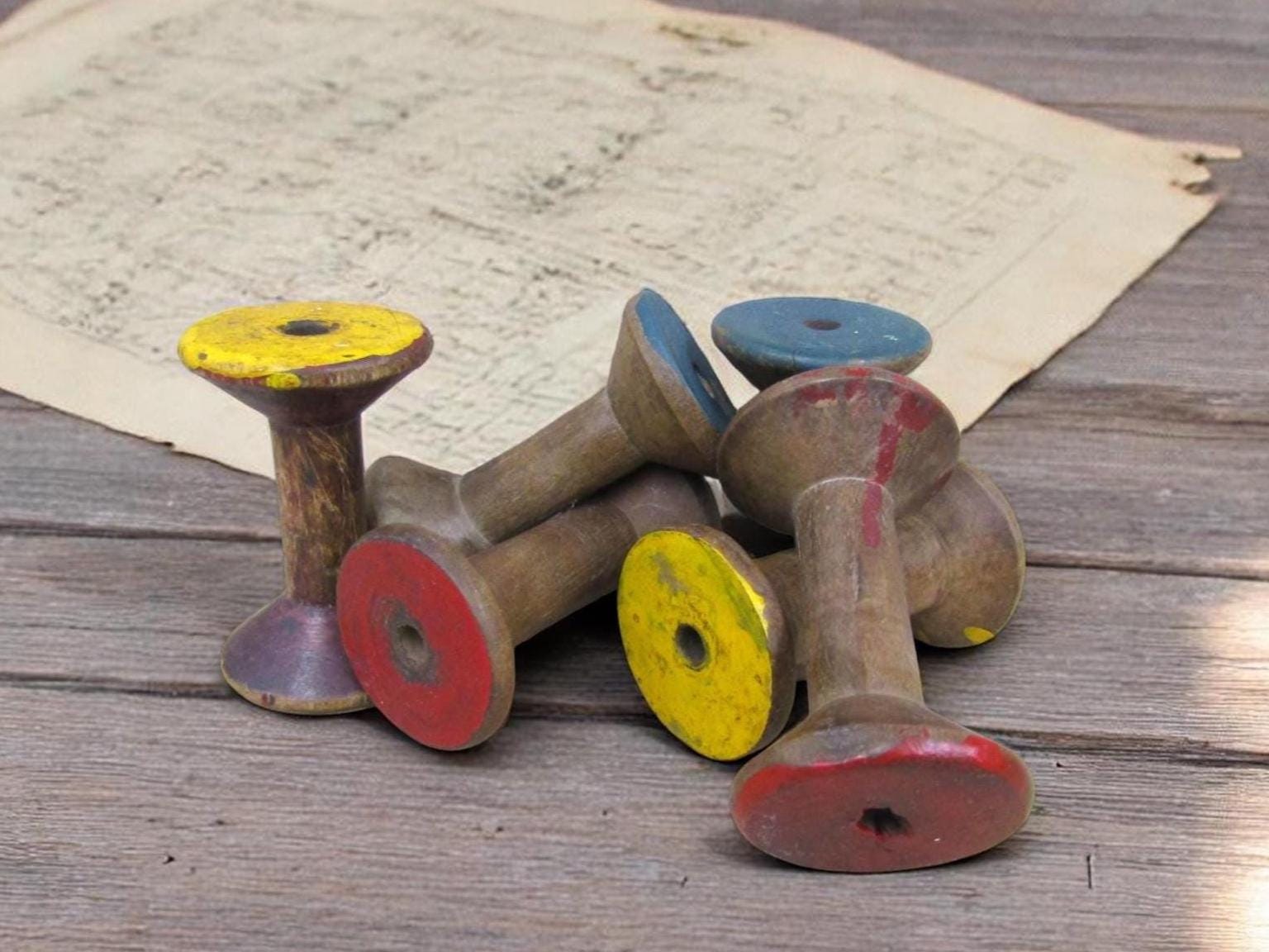 Set of 6 Vintage 3" Colored End Wooden Industrial Textile Bobbins Spools