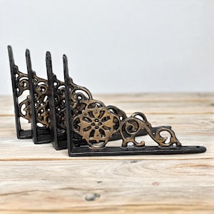Set of 4 Hand Painted Cast Iron Shelf Brackets, Black and Gold