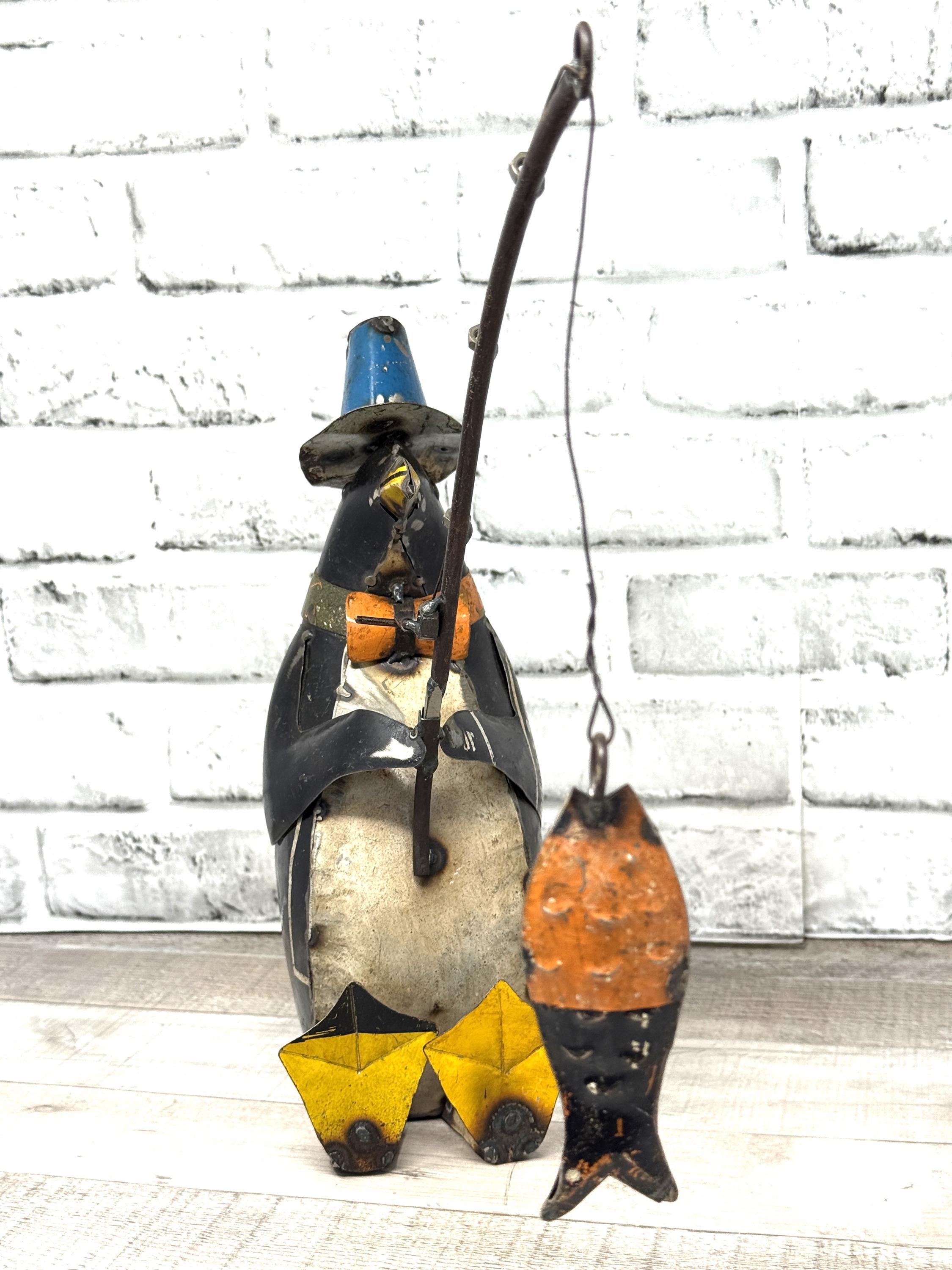 Recycled Vintage Scrap Metal Penguin Fisherman Fishing Pole Statue Figurine  - 13.25" X 14" Farmhouse Decor - Etsy