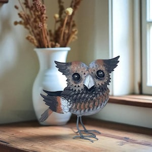 Rustic Small 7.75&quot; Repurposed Recycled Scrap Metal Owl Statue Home Farm Decor