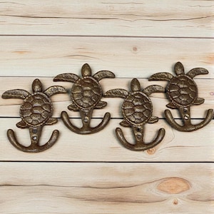 Hand-Painted Sea Turtle Cast Iron Double Hooks - Black & Gold, Set of 4
