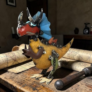 Rustic Repurposed Recycled Vintage Scrap Metal Triceratops Dinosaur Statue Home Farm Garden Decor