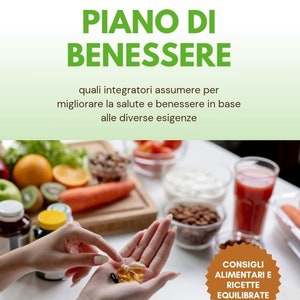 Op de afbeelding: Een vrouwenhand houdt verschillende voedingssupplementen vast, met een groene achtergrond waarop staat: "Happiness in your hand PIANO DI BENESSERE quali integratori assumere per migliorare la salute e benessere in base alle diverse esigenze Giulia Malacarne Erborista CONSIGLI ALIMENTARI E RICETTE EQUILIBRATE"